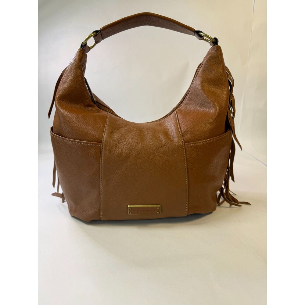 Tignanello Cognac Brown Pebble Leather Fringe Hobo Shoulder Bag‎ Excellent